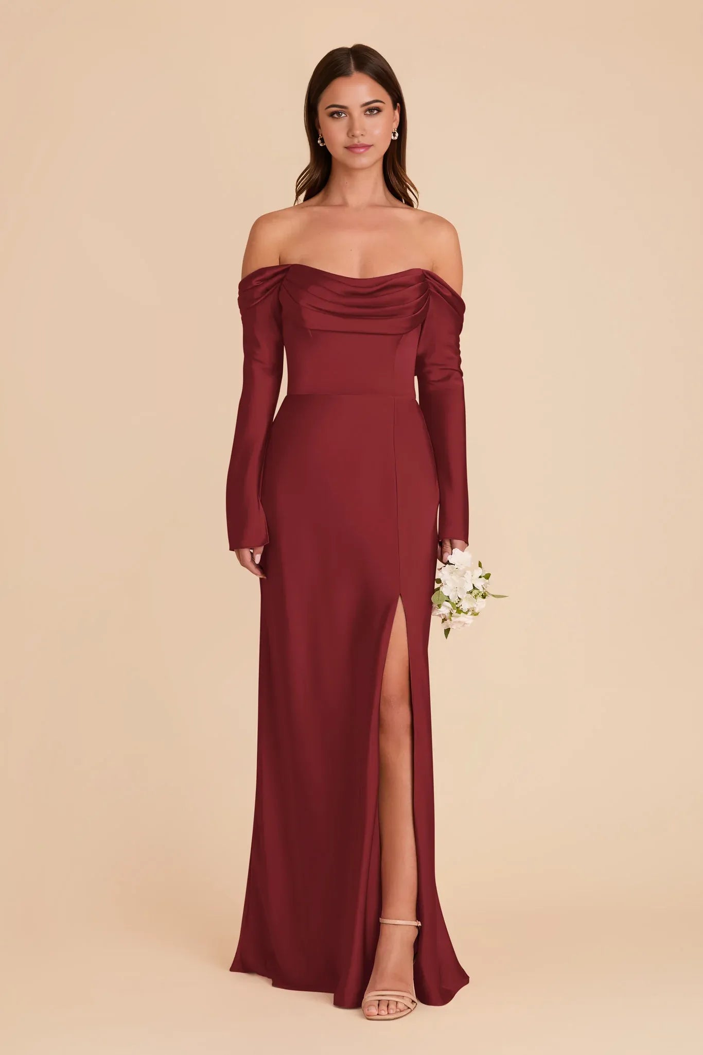 Elegant Sheath Satin Off the Shoulder Long Sleeve Open Back Floor Length Bridesmaid Dress