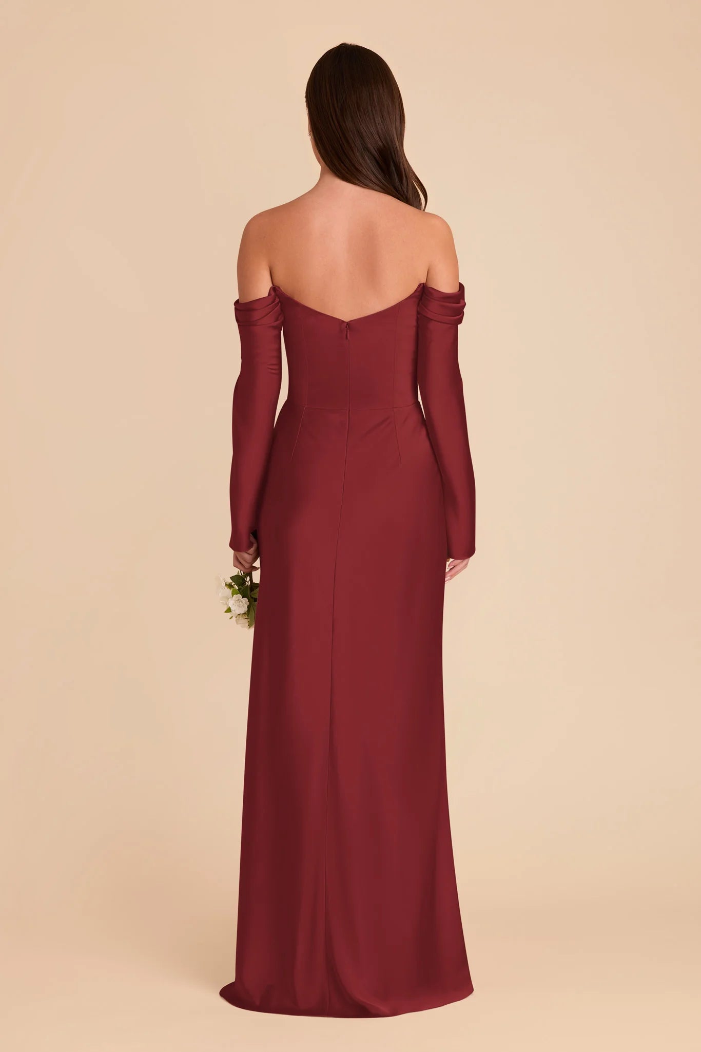 Elegant Sheath Satin Off the Shoulder Long Sleeve Open Back Floor Length Bridesmaid Dress