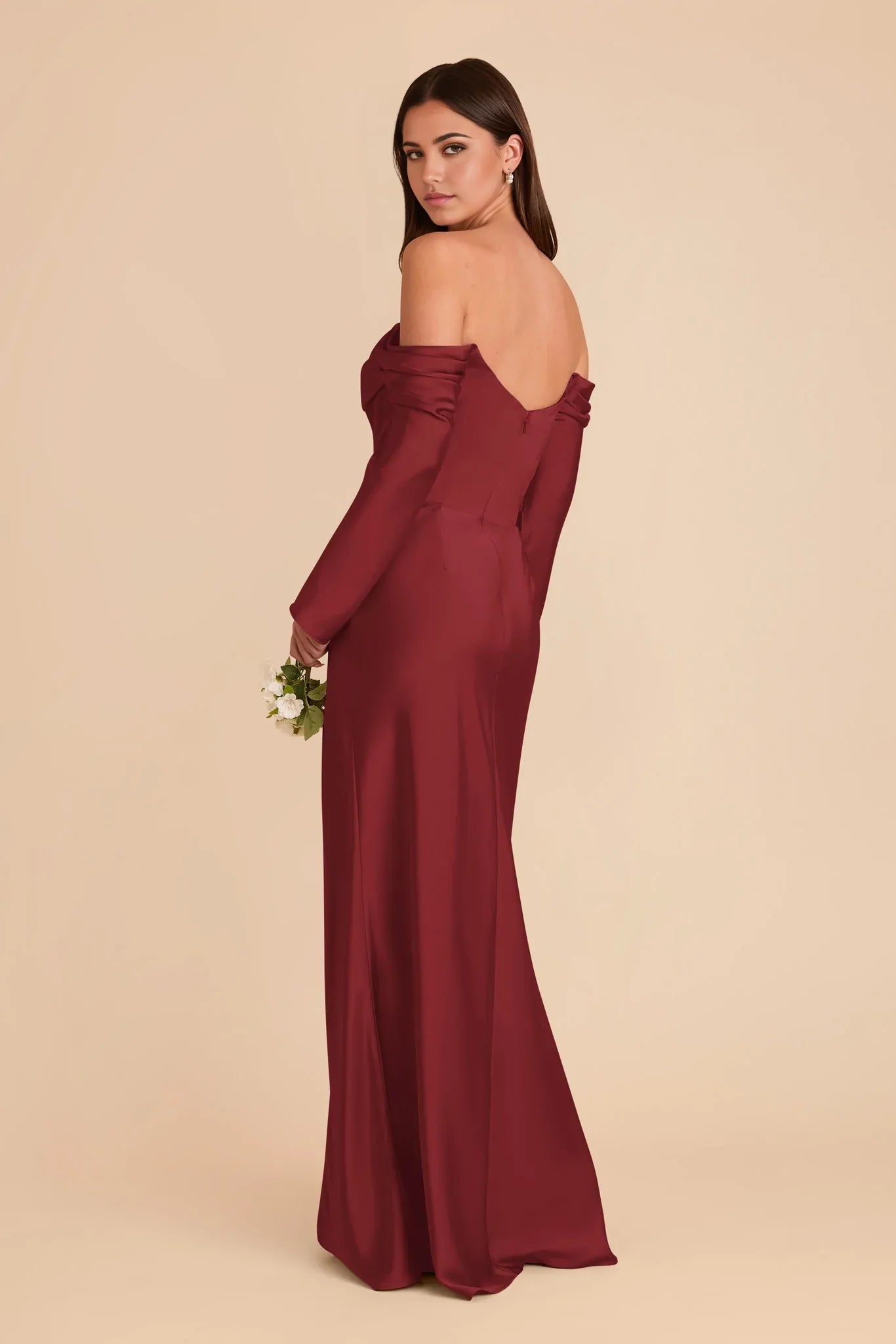 Elegant Sheath Satin Off the Shoulder Long Sleeve Open Back Floor Length Bridesmaid Dress