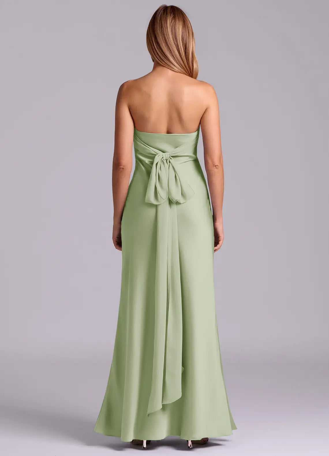 Elegant Sheath Satin Strapless Sleeveless Bow Back Floor Length Bridesmaid Dress