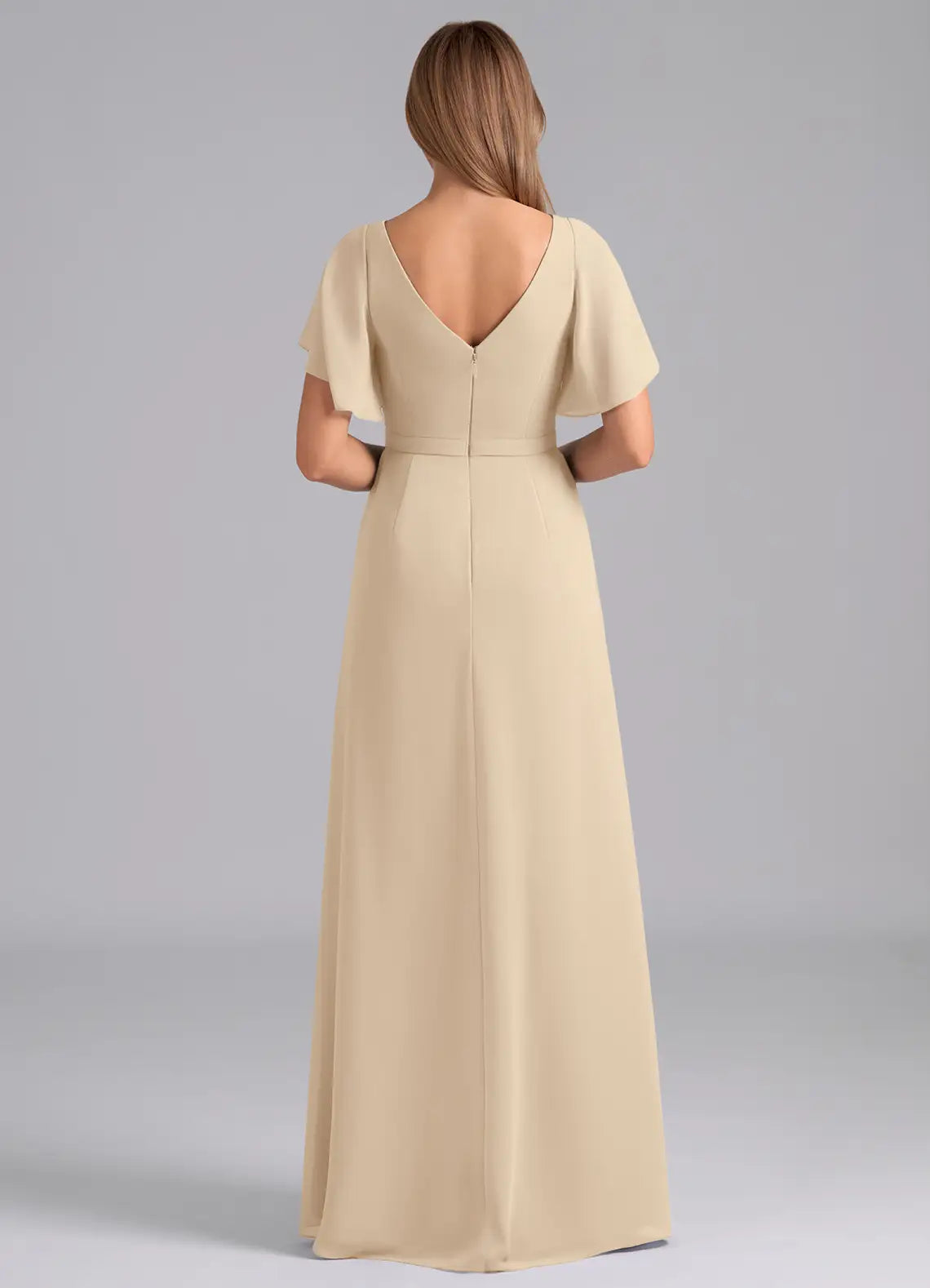 Elegant Sheath V-Neck Flutter Sleeve V Back Floor Length Bridesmaid Dress