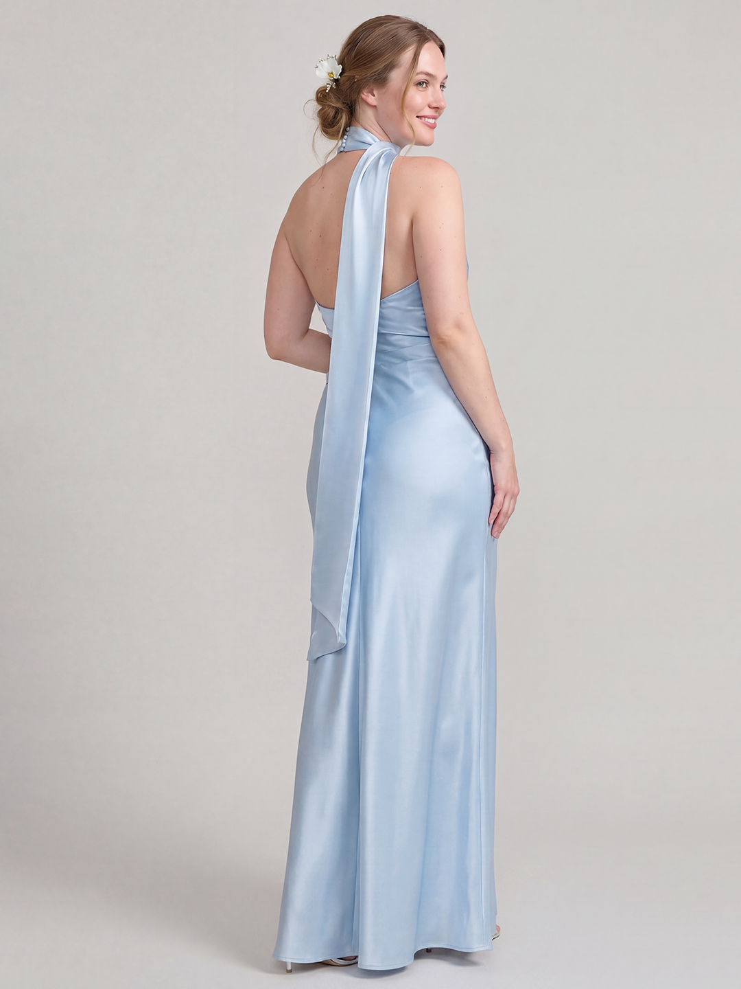 Elegant Sky Blue Satin Sheath One Shoulder Backless Ankle-Length Bridesmaid Dress