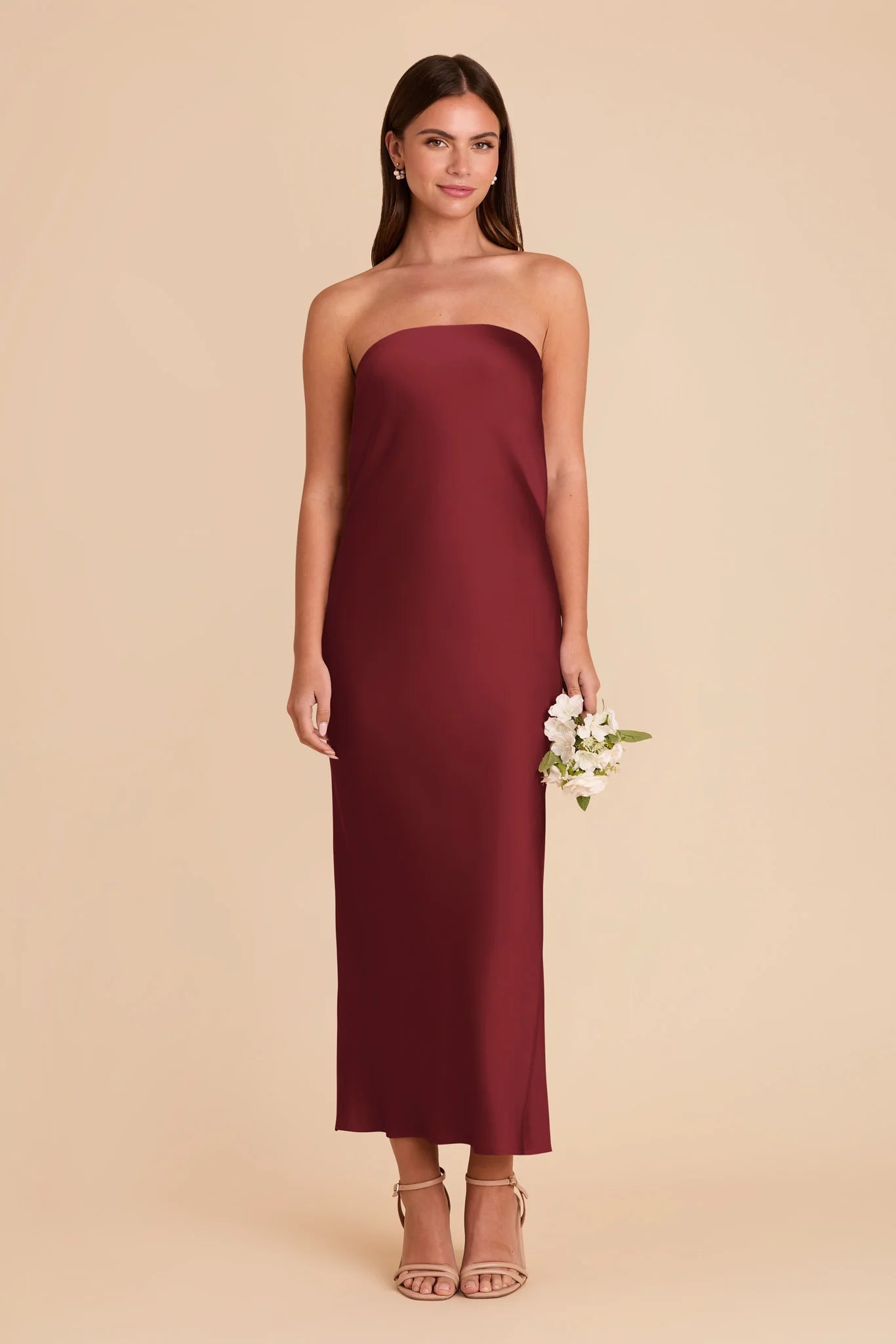 Elegant Slip Satin Strapless Sleeveless Cutout Back Midi Length Bridesmaid Dress