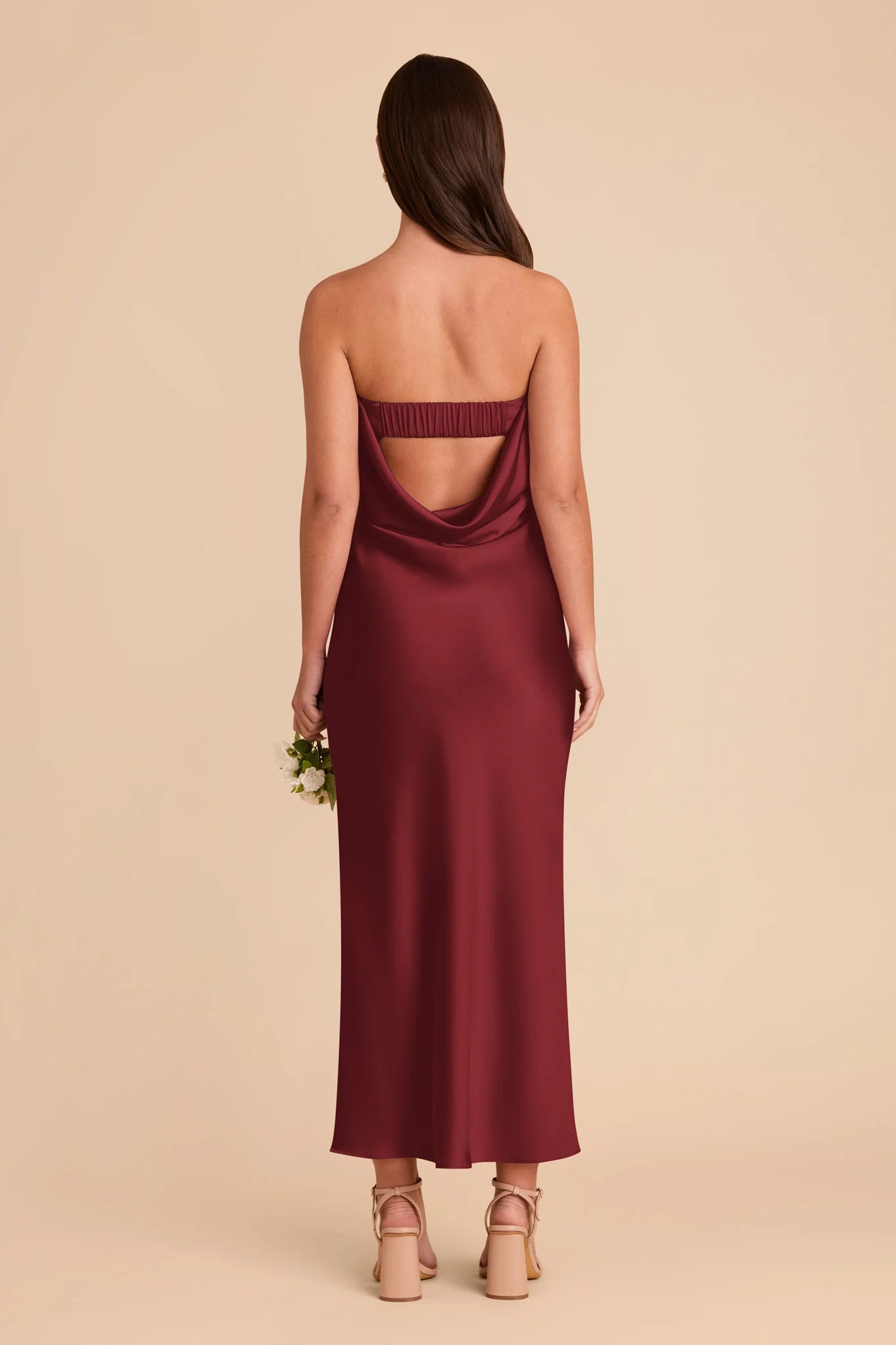 Elegant Slip Satin Strapless Sleeveless Cutout Back Midi Length Bridesmaid Dress