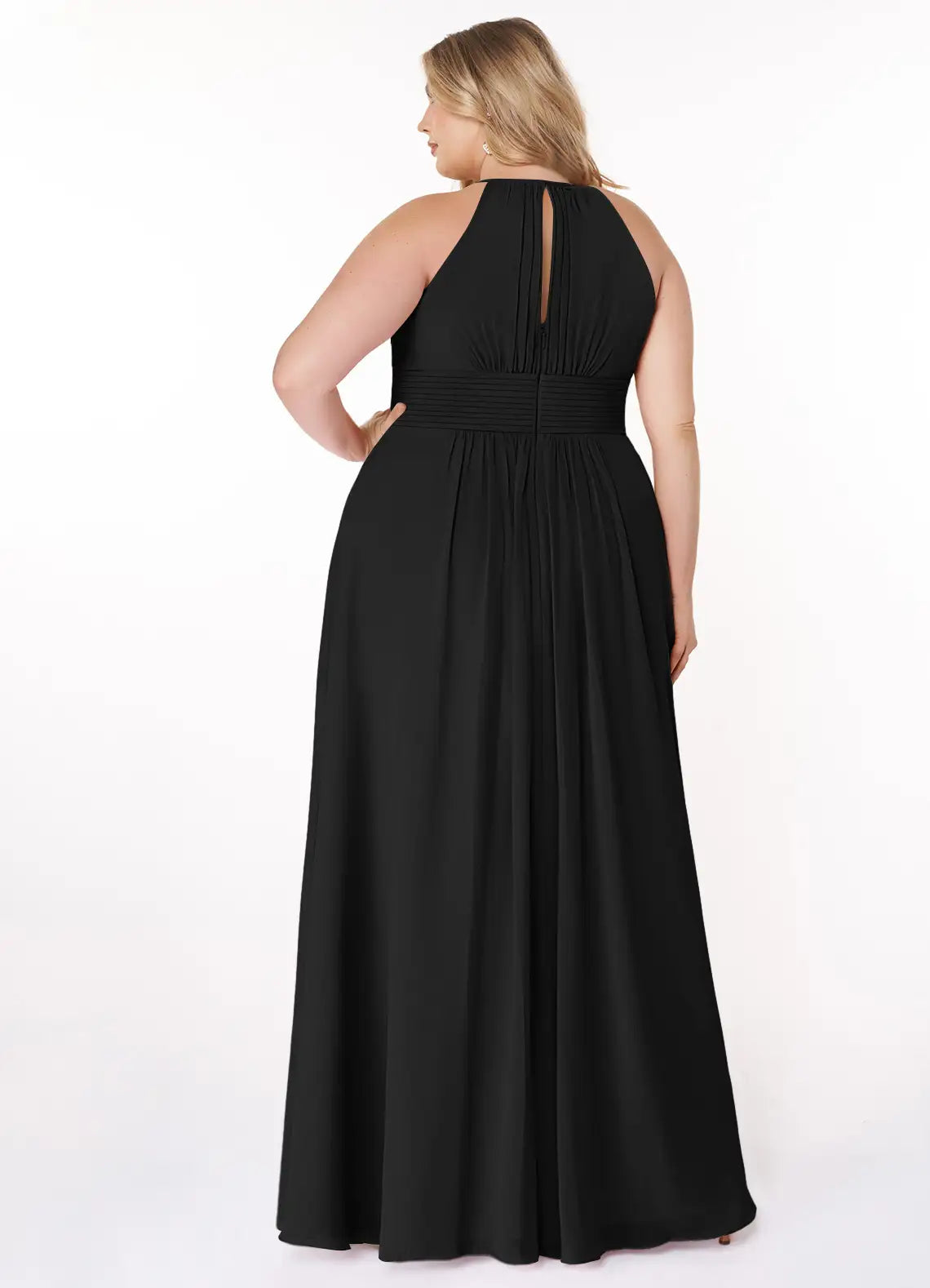Elegant chiffon a line halter neck sleeveless keyhole back floor length bridesmaid dress with ruched waist