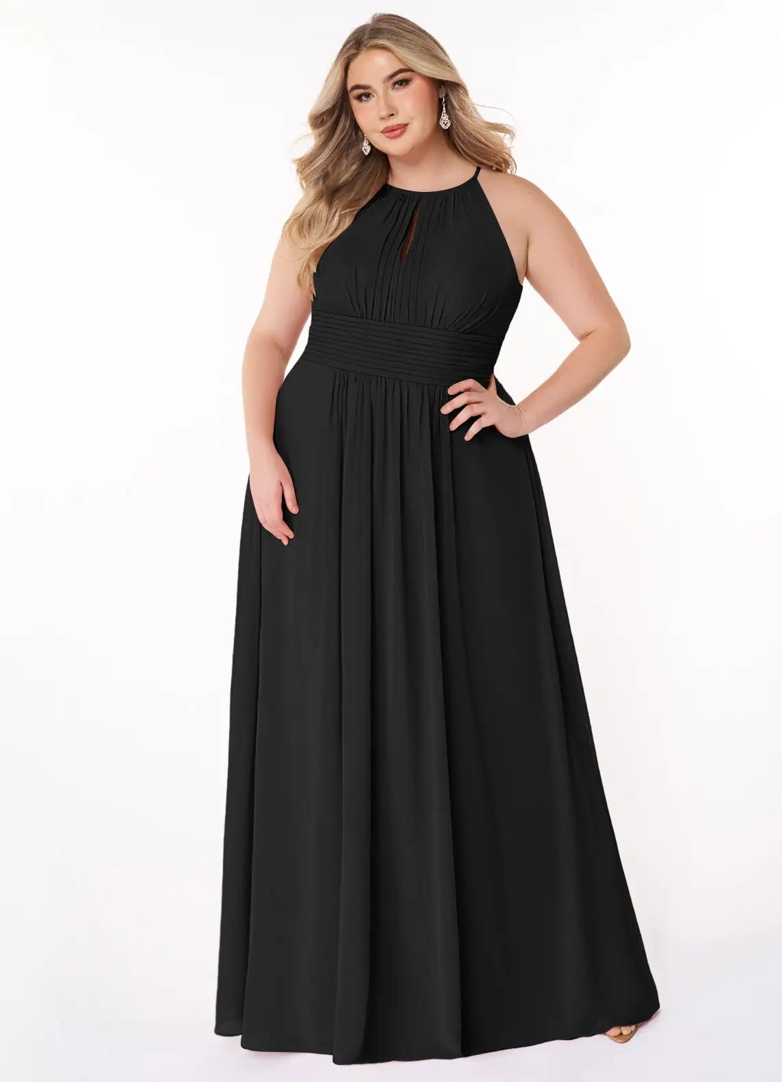 Elegant chiffon a line halter neck sleeveless keyhole back floor length bridesmaid dress with ruched waist