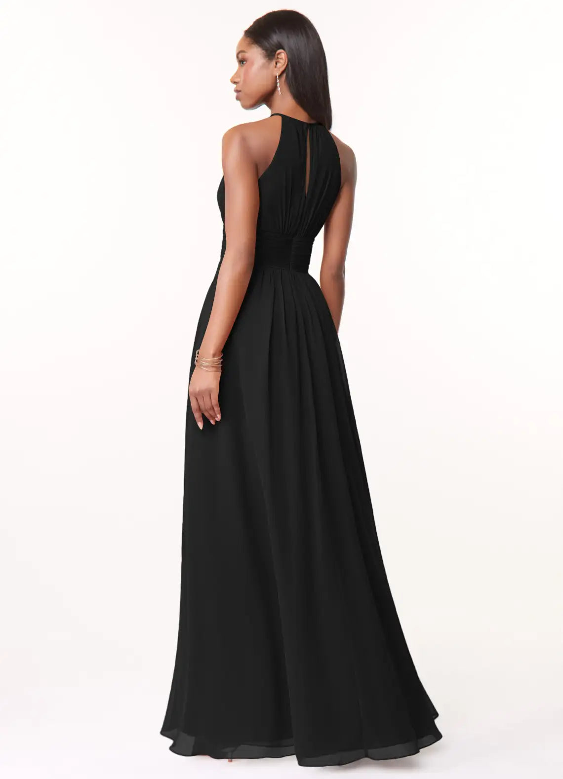 Elegant chiffon a line halter neck sleeveless keyhole back floor length bridesmaid dress with ruched waist