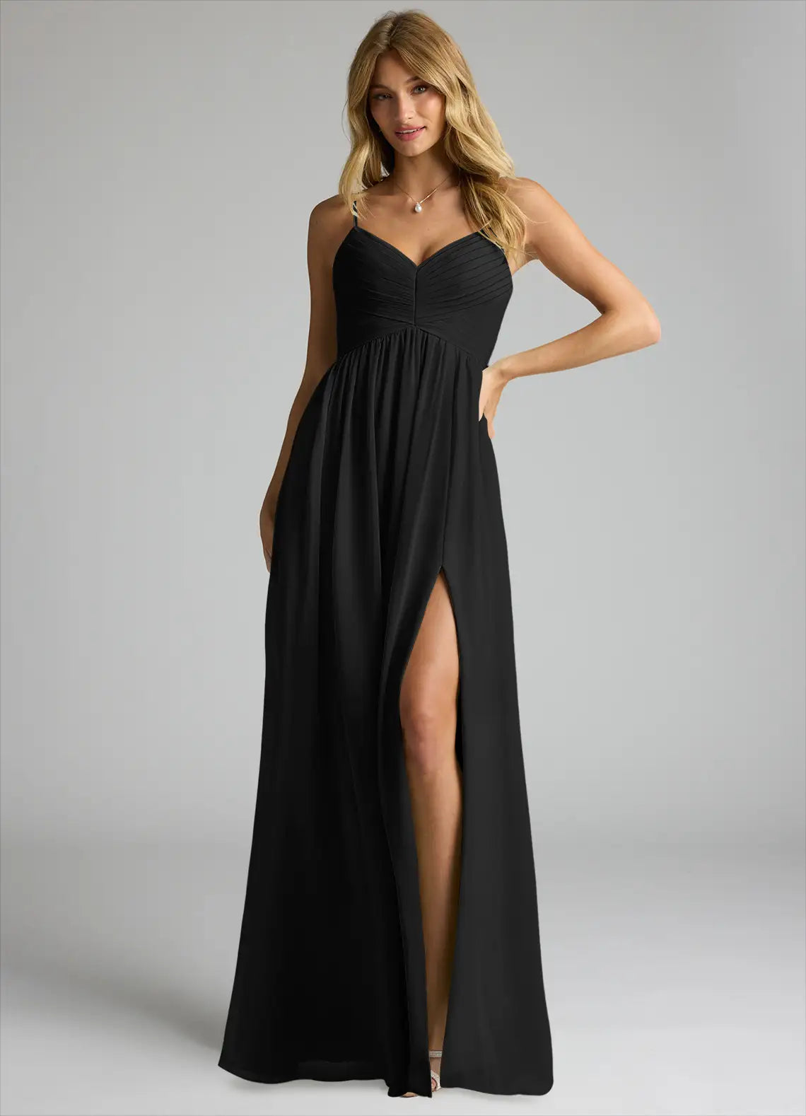 Elegant-chiffon-empire-waist-v-neck-spaghetti-strap-open-back-floor-length-bridesmaid-dress-with-high-slit