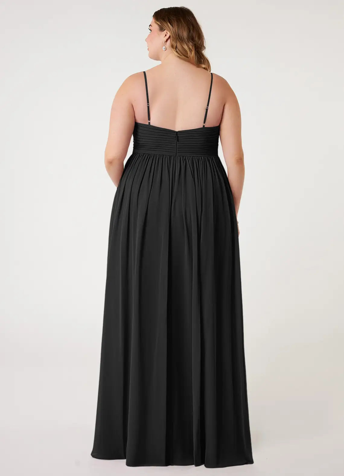 Elegant chiffon empire waist v-neck spaghetti strap open back floor length bridesmaid dress with high slit
