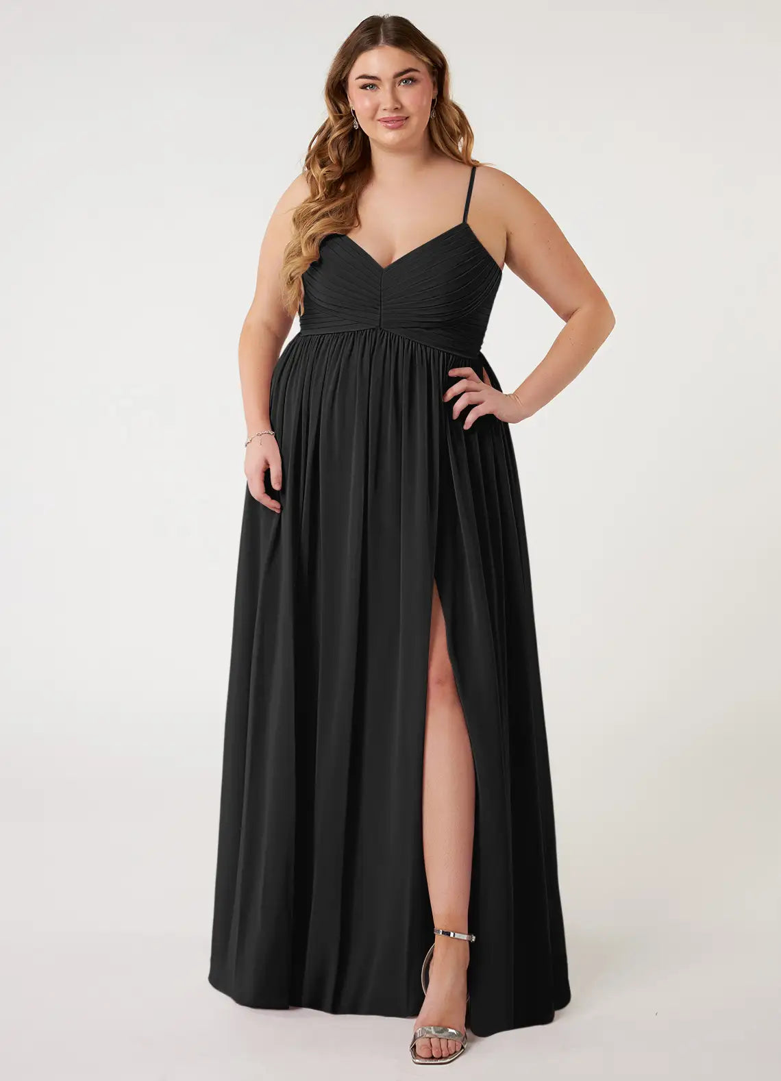 Elegant chiffon empire waist v-neck spaghetti strap open back floor length bridesmaid dress with high slit