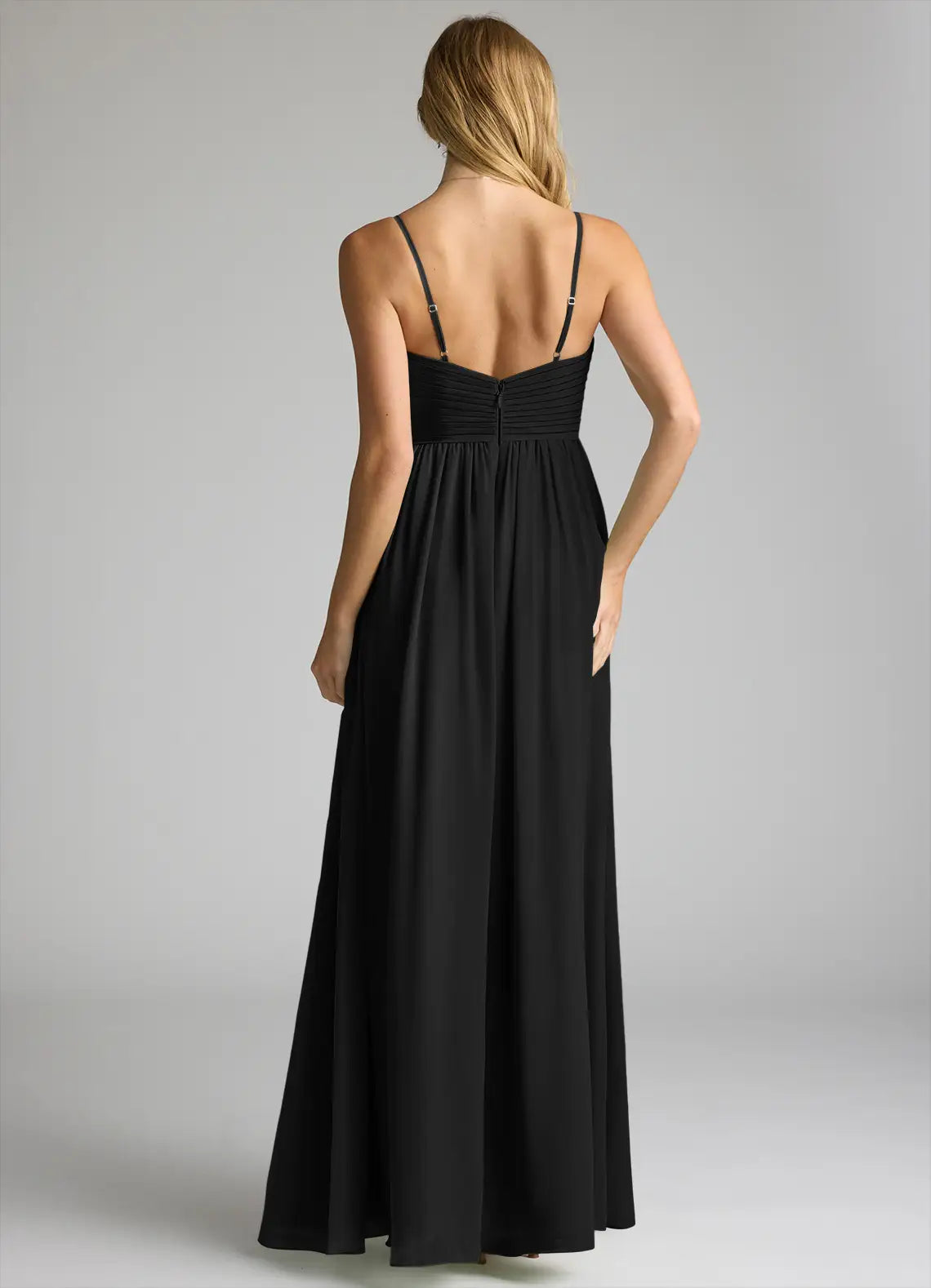 Elegant chiffon empire waist v-neck spaghetti strap open back floor length bridesmaid dress with high slit