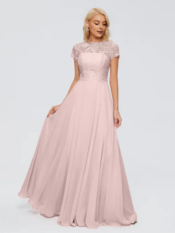 Elegant A-Line High Neck Cap Sleeves Appliques Floor-Length Bridesmaid Dress