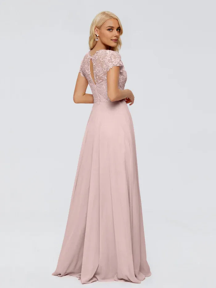 Elegant A-Line High Neck Cap Sleeves Appliques Floor-Length Bridesmaid Dress