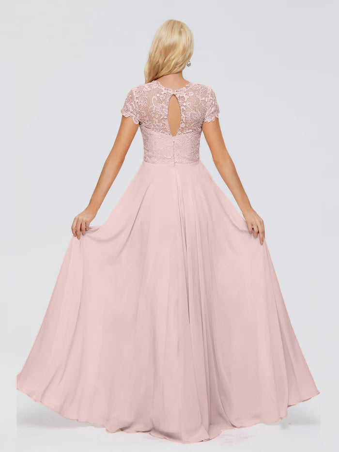 Elegant A-Line High Neck Cap Sleeves Appliques Floor-Length Bridesmaid Dress