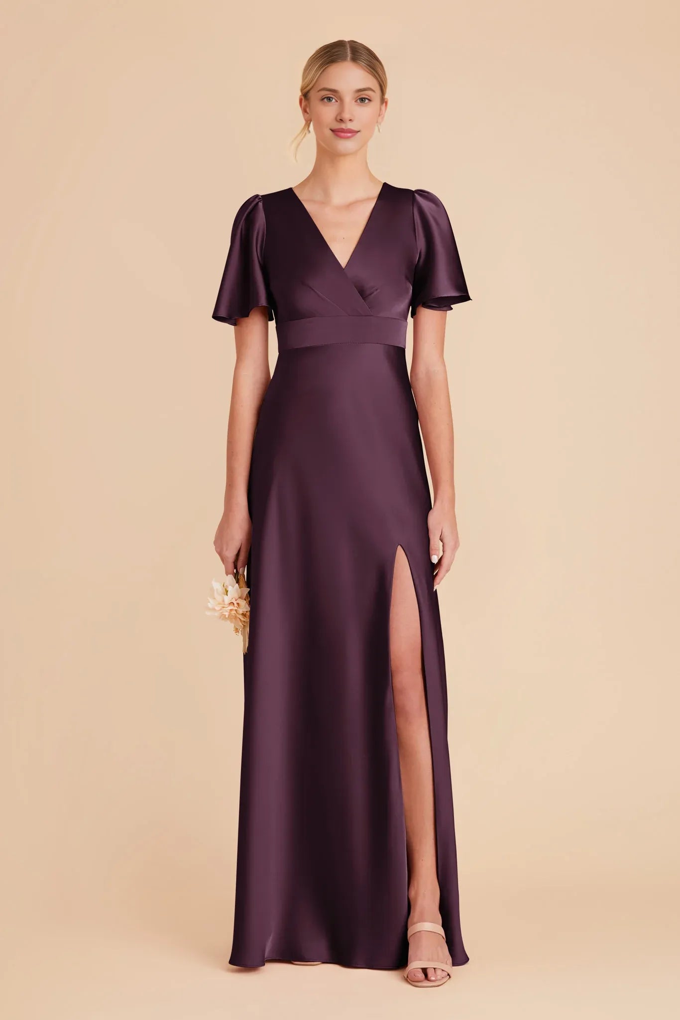 Elegant A-Line V Neck Flutter Sleeves Satin High Slit Maxi Bridesmaid Dress