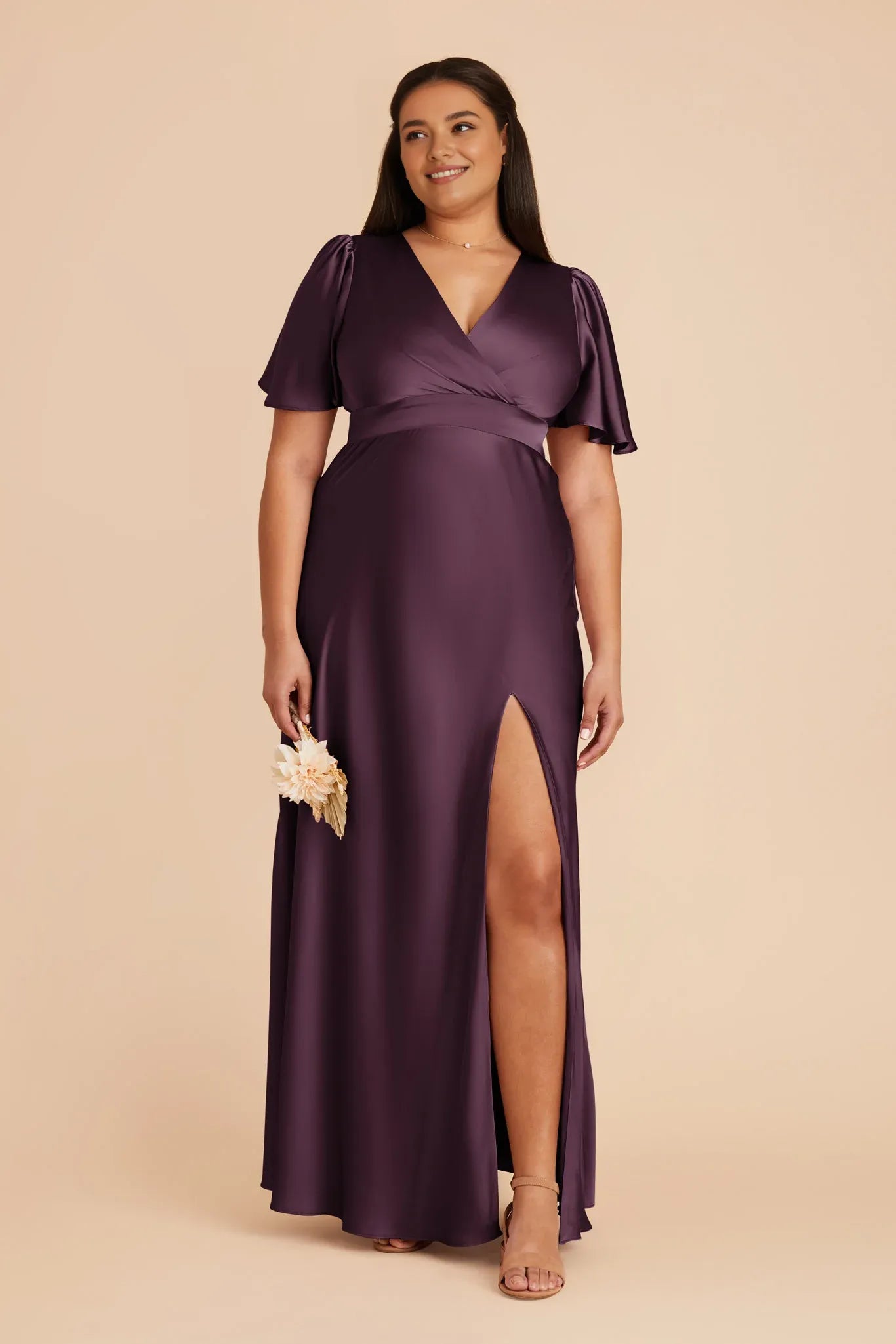 Elegant A-Line V Neck Flutter Sleeves Satin High Slit Maxi Bridesmaid Dress