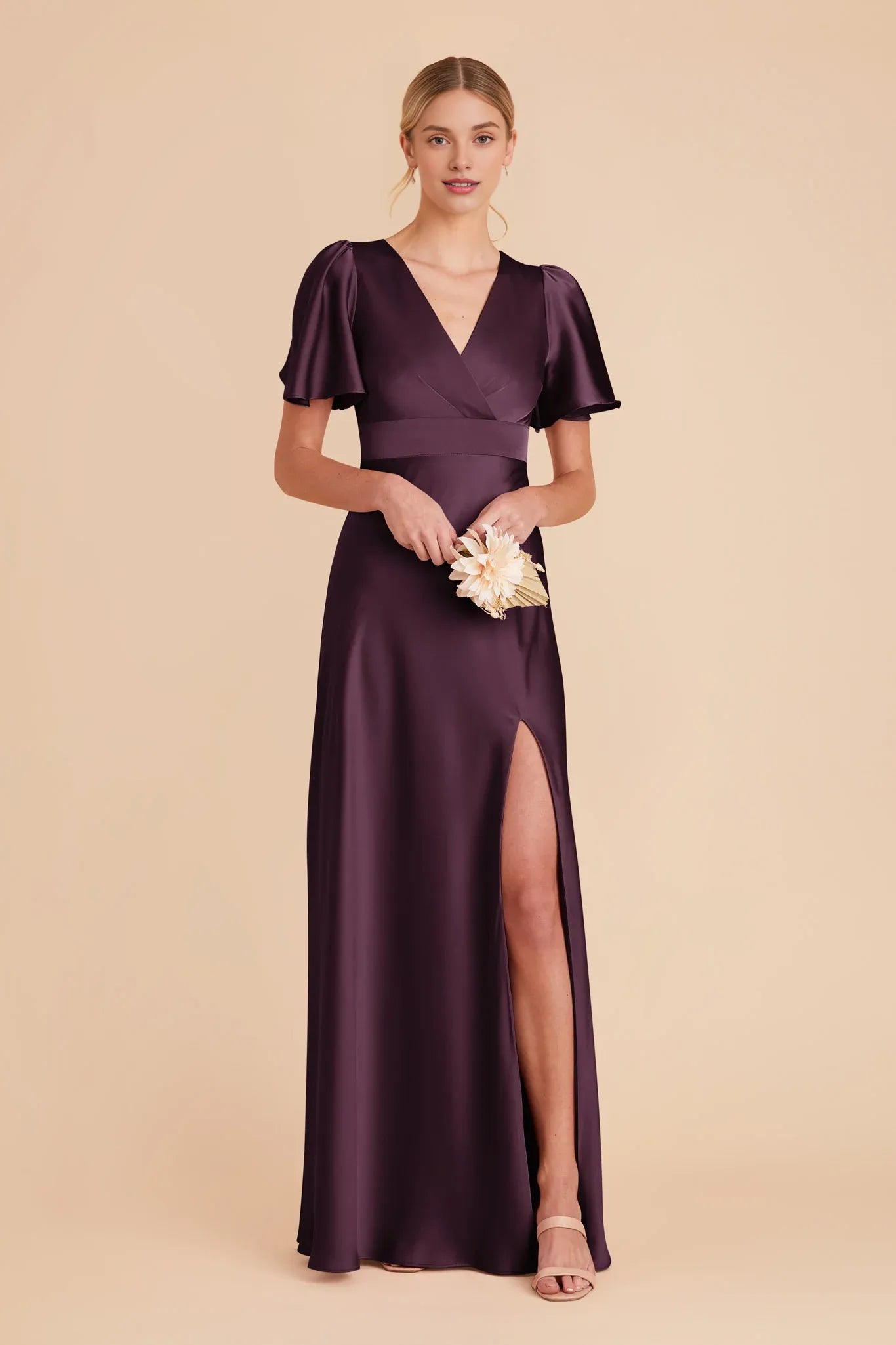 Elegant A-Line V Neck Flutter Sleeves Satin High Slit Maxi Bridesmaid Dress