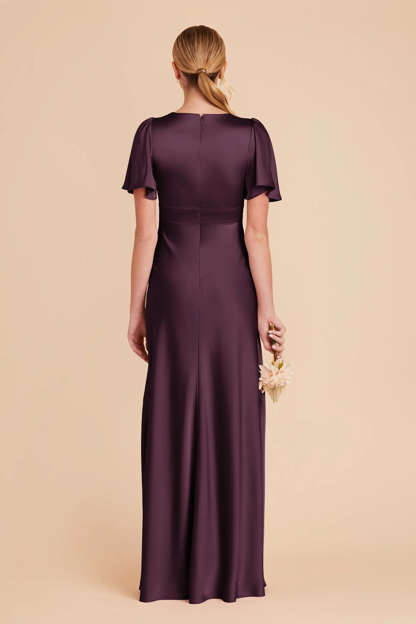 Elegant A-Line V Neck Flutter Sleeves Satin High Slit Maxi Bridesmaid Dress