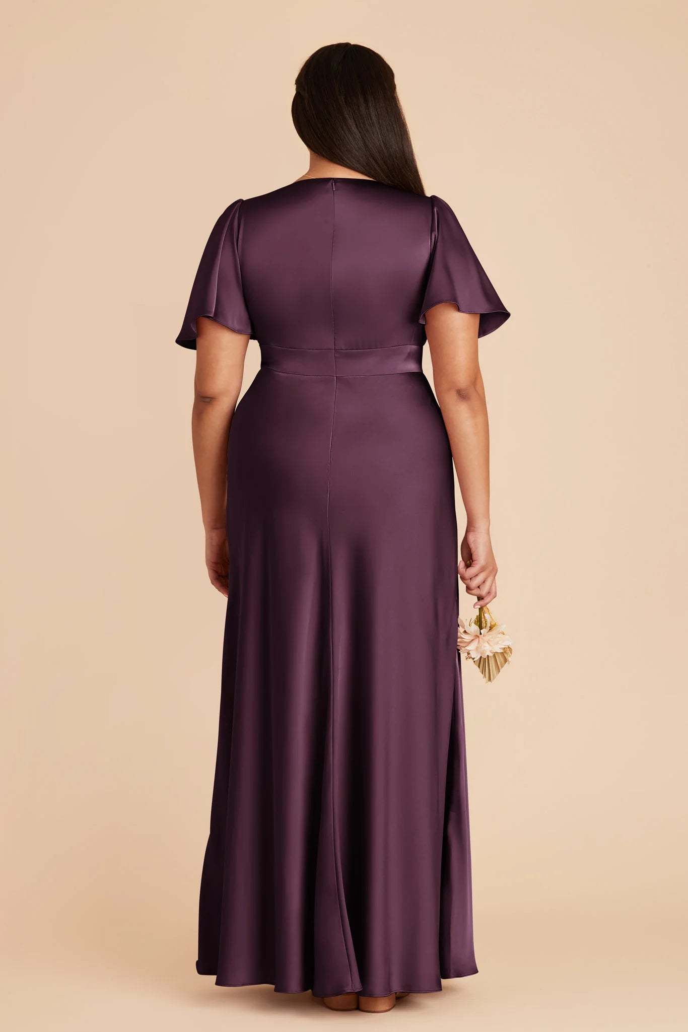 Elegant A-Line V Neck Flutter Sleeves Satin High Slit Maxi Bridesmaid Dress