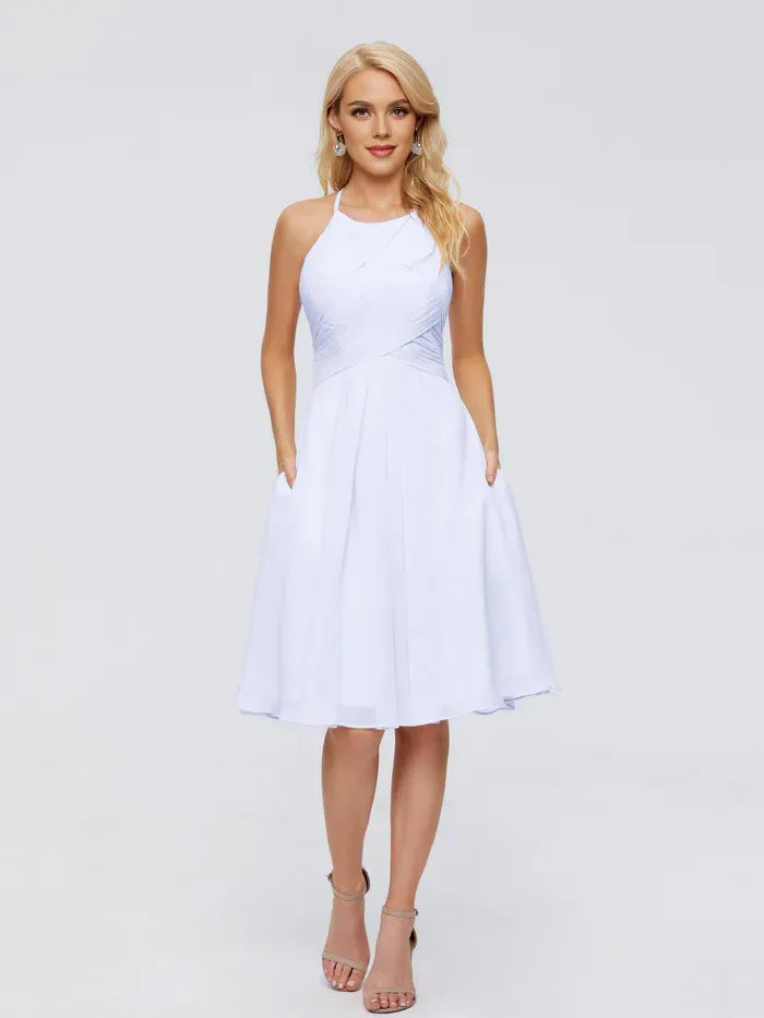 Elegant A-line Halter Neck Sleeveless Pleated Chiffon Knee Length Bridesmaid Dress