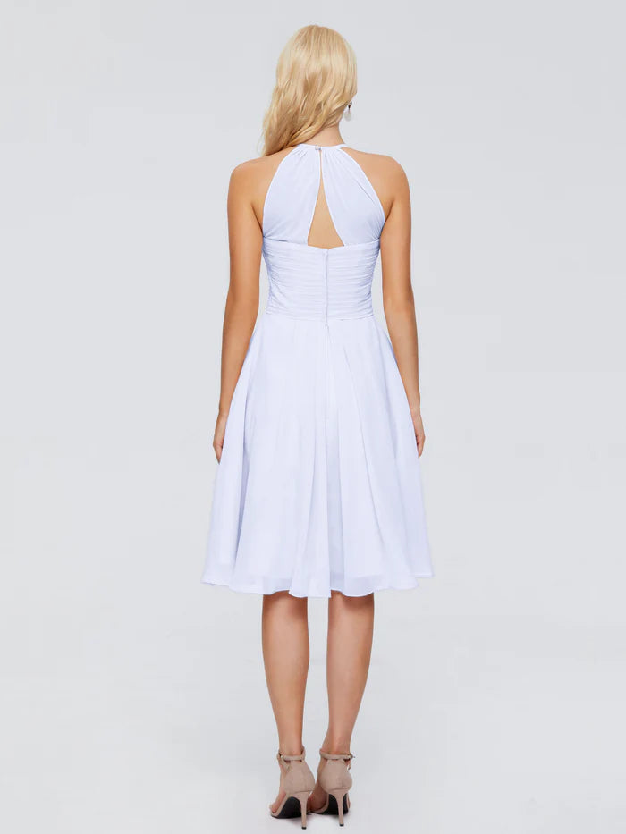 Elegant A-line Halter Neck Sleeveless Pleated Chiffon Knee Length Bridesmaid Dress