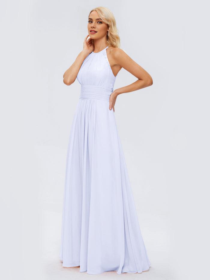 Elegant A-line Halter Neck Sleeveless Ruched Chiffon Floor-Length Bridesmaid Dress