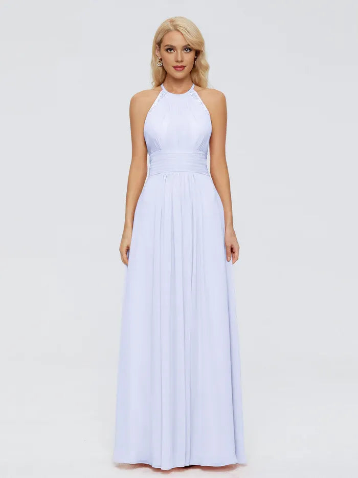 Elegant A-line Halter Neck Sleeveless Ruched Chiffon Floor-Length Bridesmaid Dress