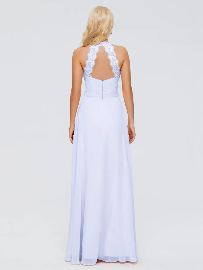 Elegant A-line Halter Neck Sleeveless Ruched Chiffon Floor-Length Bridesmaid Dress