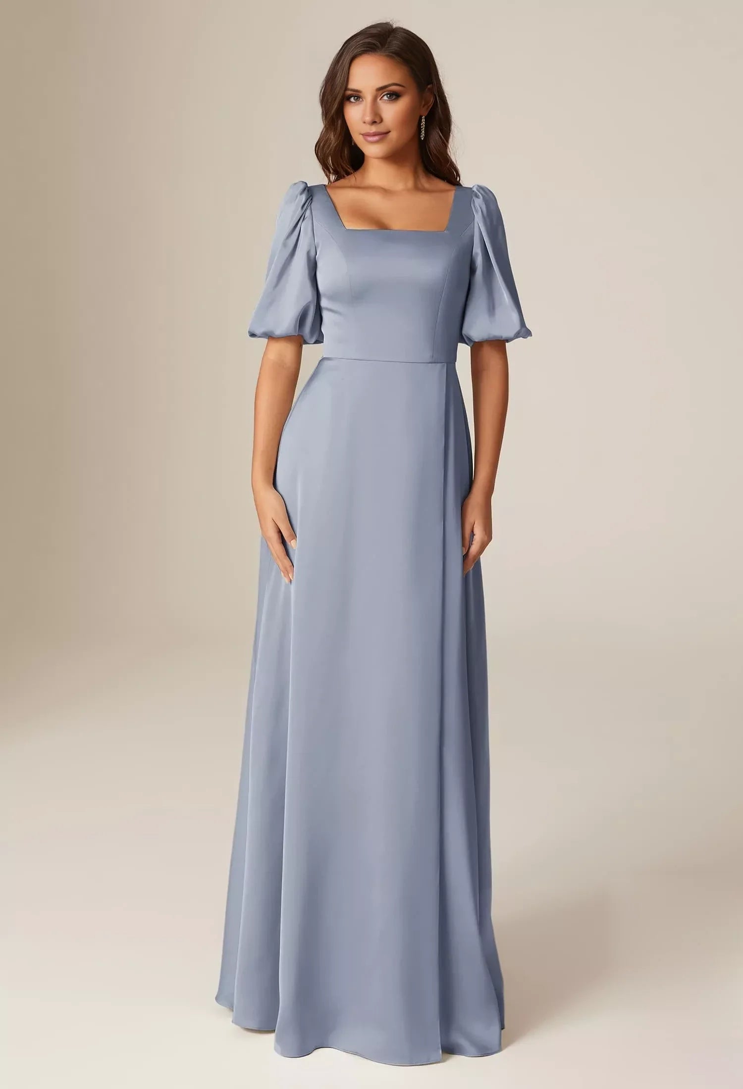 Elegant A-line Square Neckline Short Sleeves Back Zipper Floor Length Bridesmaid Dresses