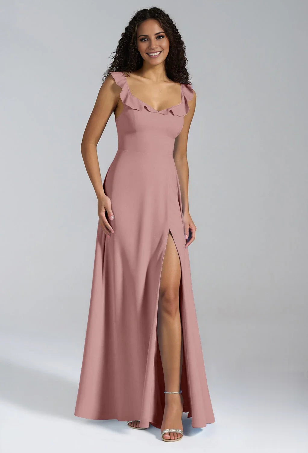 Elegant A-line V-Neck Sleeveless Back Button Side slit Floor Length Bridesmaid Dresses