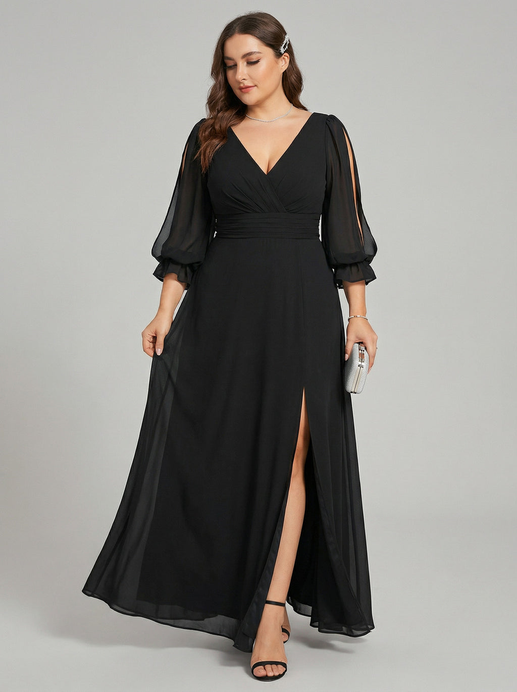 Elegant Black Chiffon A-Line V-Neck V-Back Ankle-Length Plus Size Bridesmaid Dress
