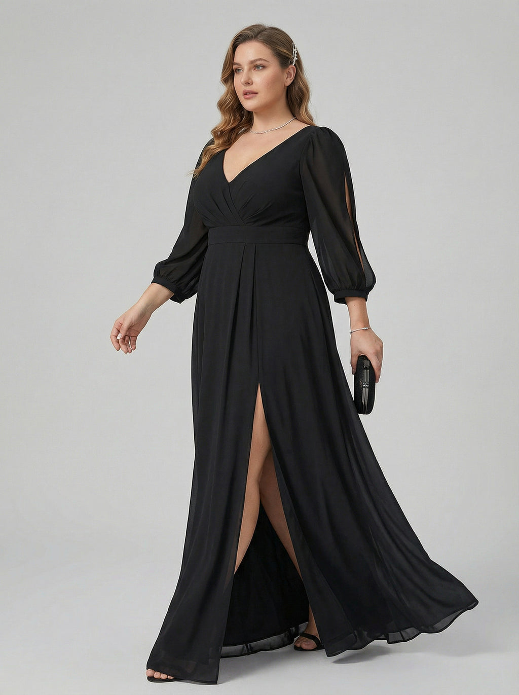 Elegant Black Chiffon A-Line V-Neck V-Back Ankle-Length Plus Size Bridesmaid Dress