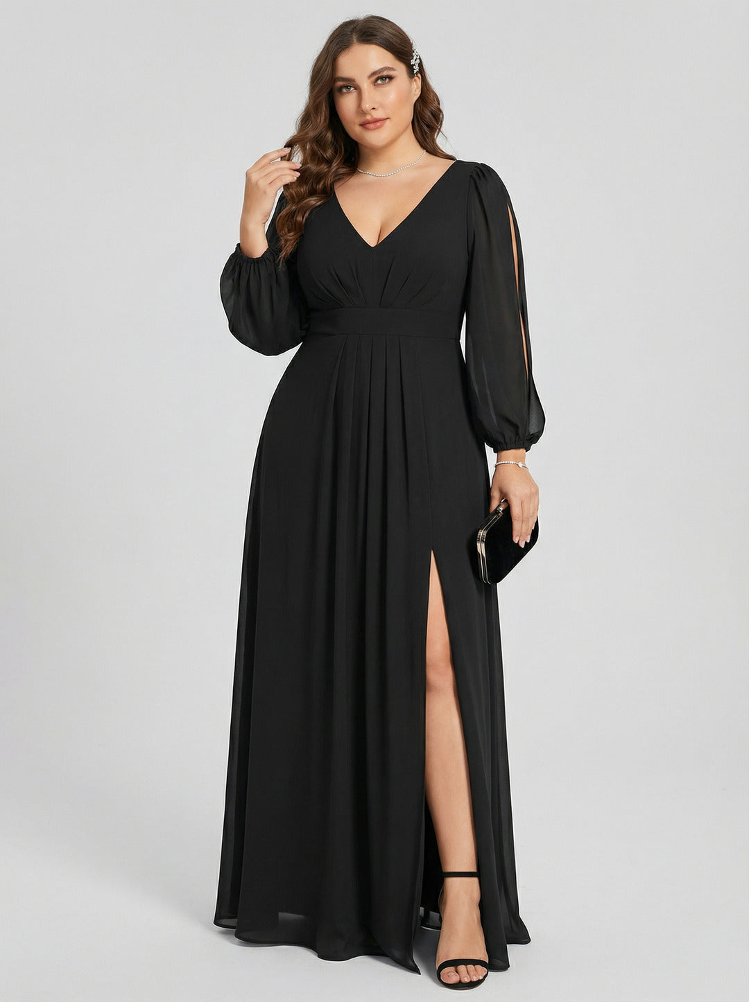 Elegant Black Chiffon A-Line V-Neck V-Back Ankle-Length Plus Size Bridesmaid Dress