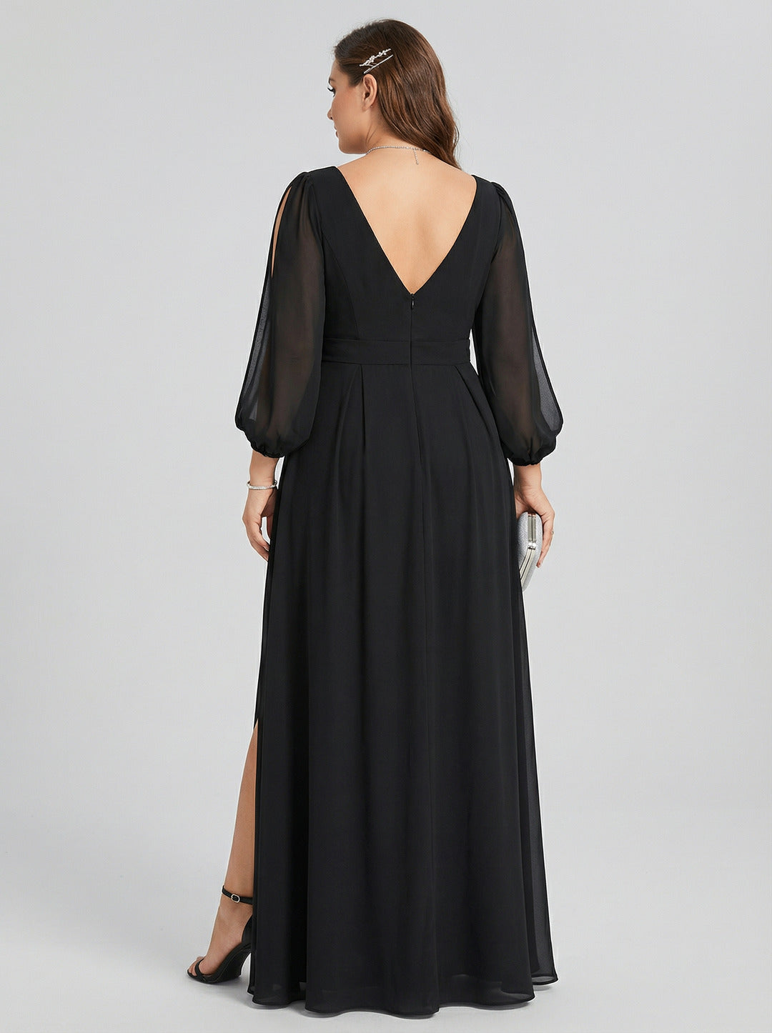 Elegant Black Chiffon A-Line V-Neck V-Back Ankle-Length Plus Size Bridesmaid Dress