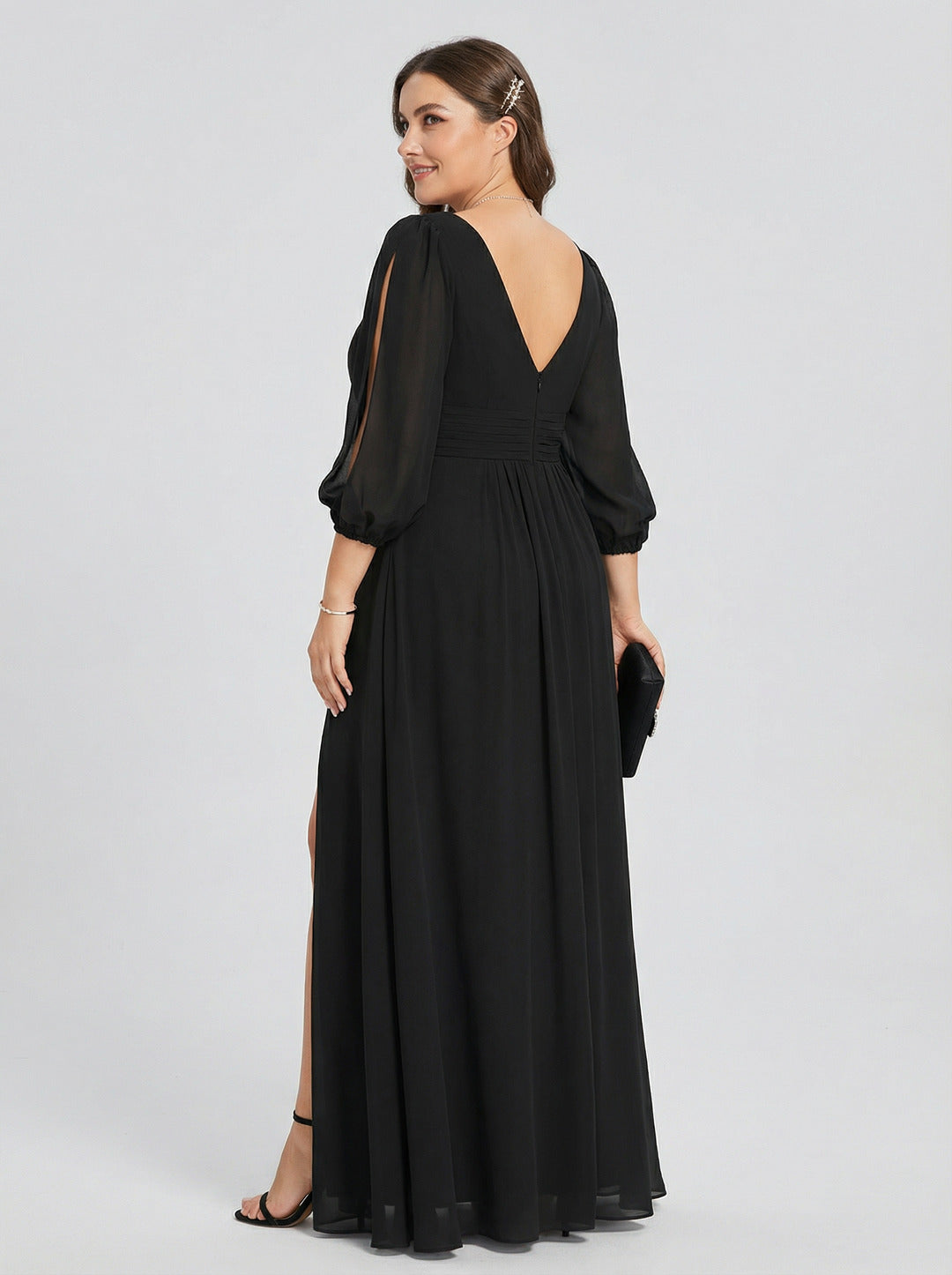 Elegant Black Chiffon A-Line V-Neck V-Back Ankle-Length Plus Size Bridesmaid Dress
