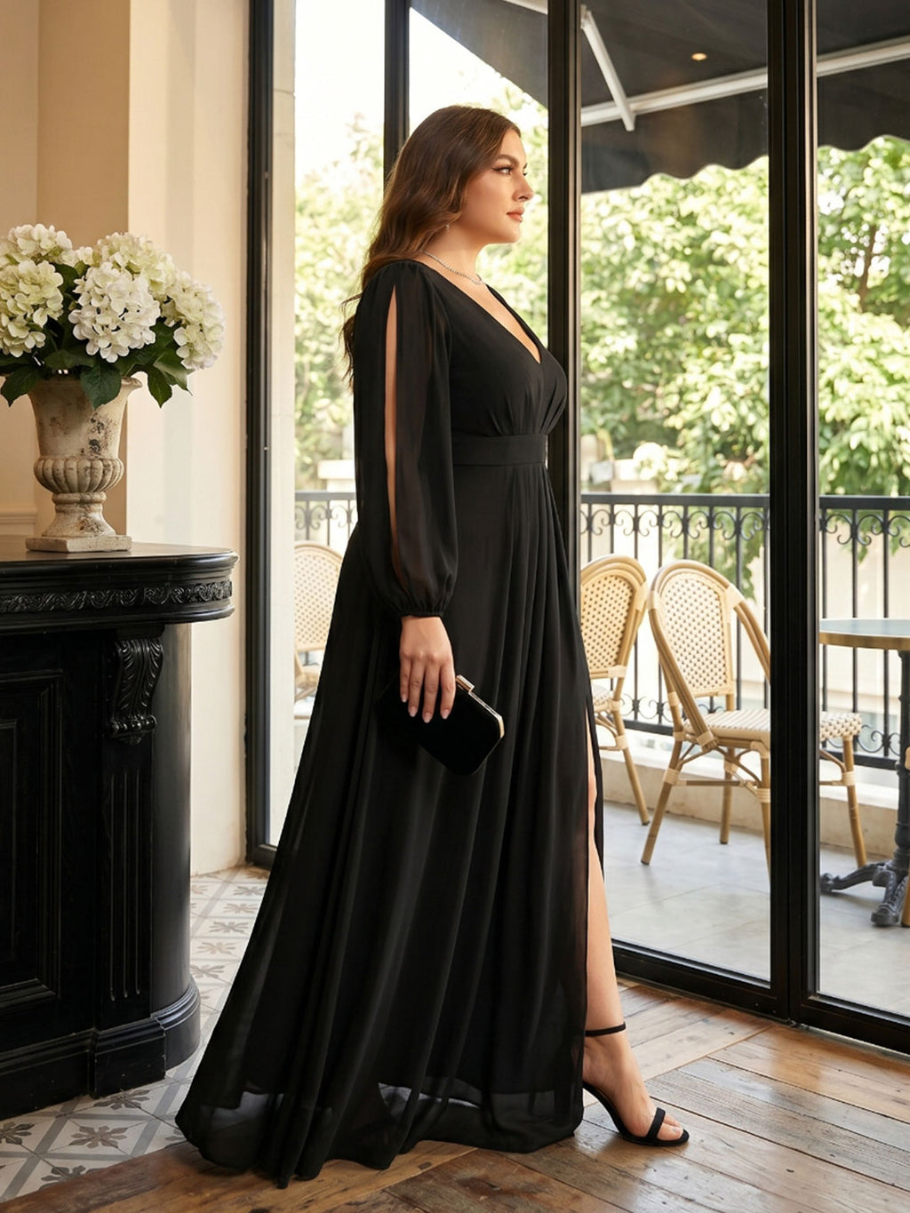 Elegant Black Chiffon A-Line V-Neck V-Back Ankle-Length Plus Size Bridesmaid Dress