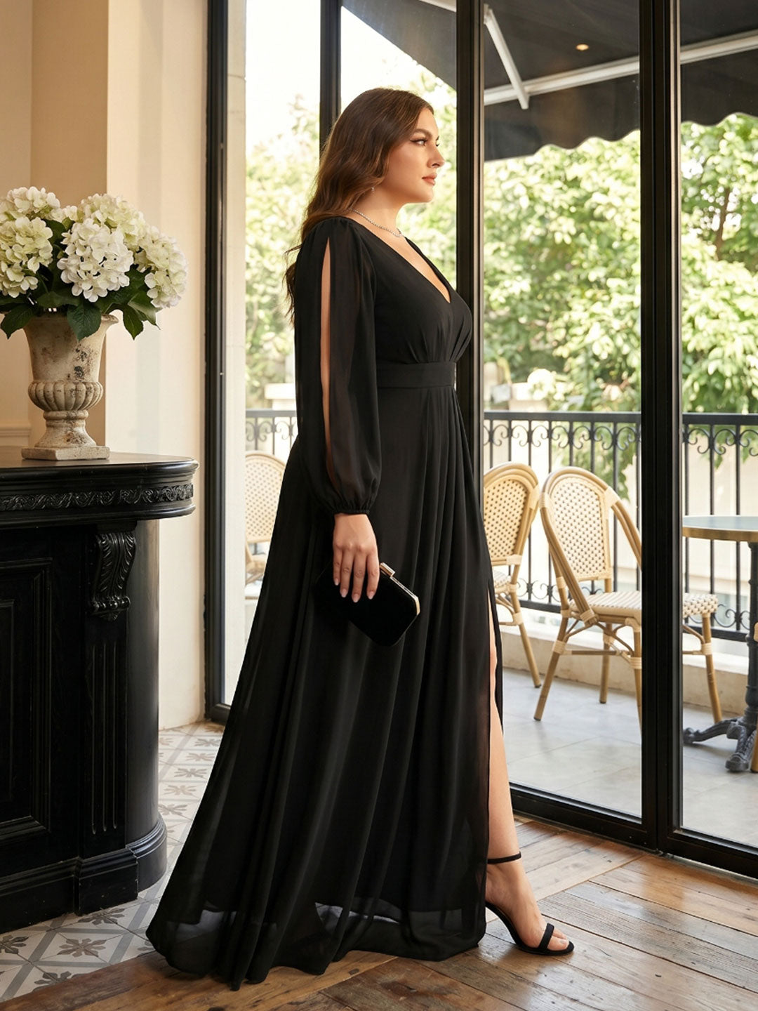 Elegant Black Chiffon A-Line V-Neck V-Back Ankle-Length Plus Size Bridesmaid Dress