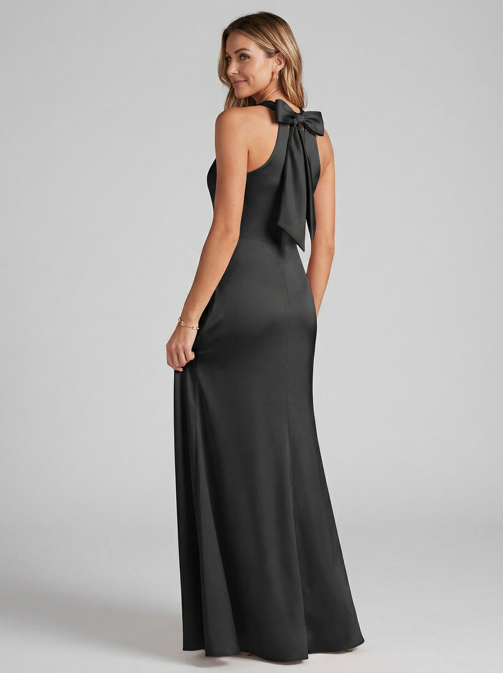 Elegant Black Satin Trumpet Halter neckline Side Zip Ankle-Length Bridesmaid Dress