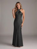 Elegant Black Satin Trumpet Halter neckline Side Zip Ankle-Length Bridesmaid Dress
