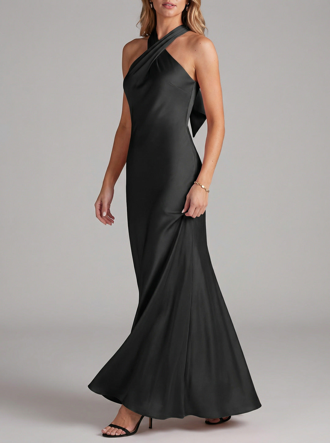 Elegant Black Satin Trumpet Halter neckline Side Zip Ankle-Length Bridesmaid Dress