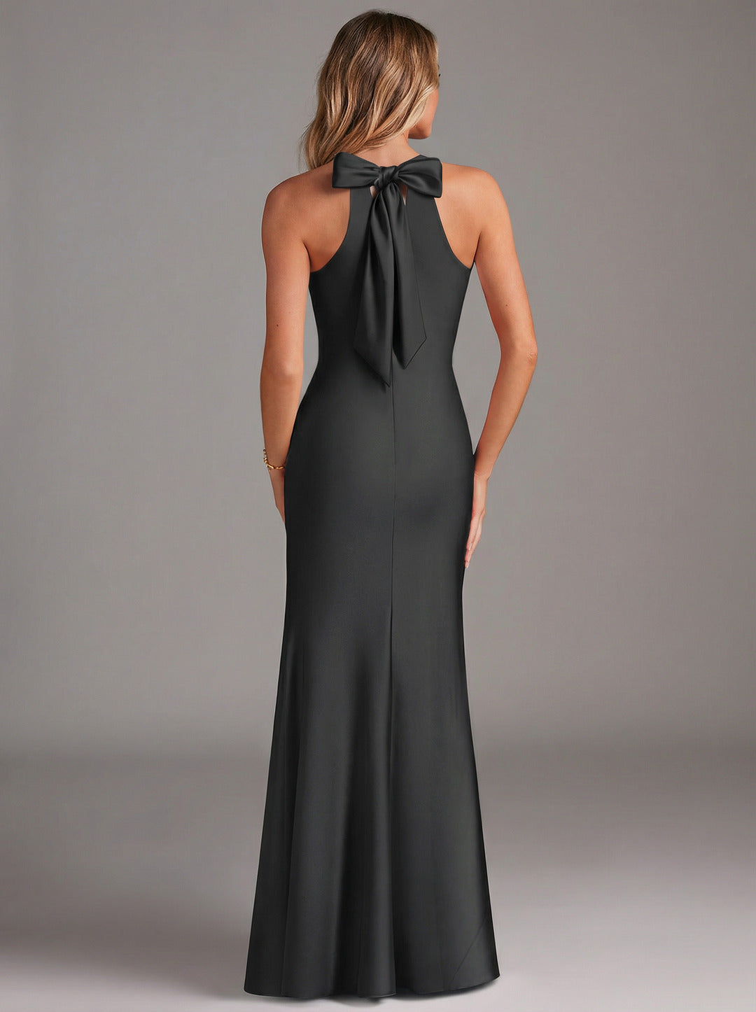 Elegant Black Satin Trumpet Halter neckline Side Zip Ankle-Length Bridesmaid Dress