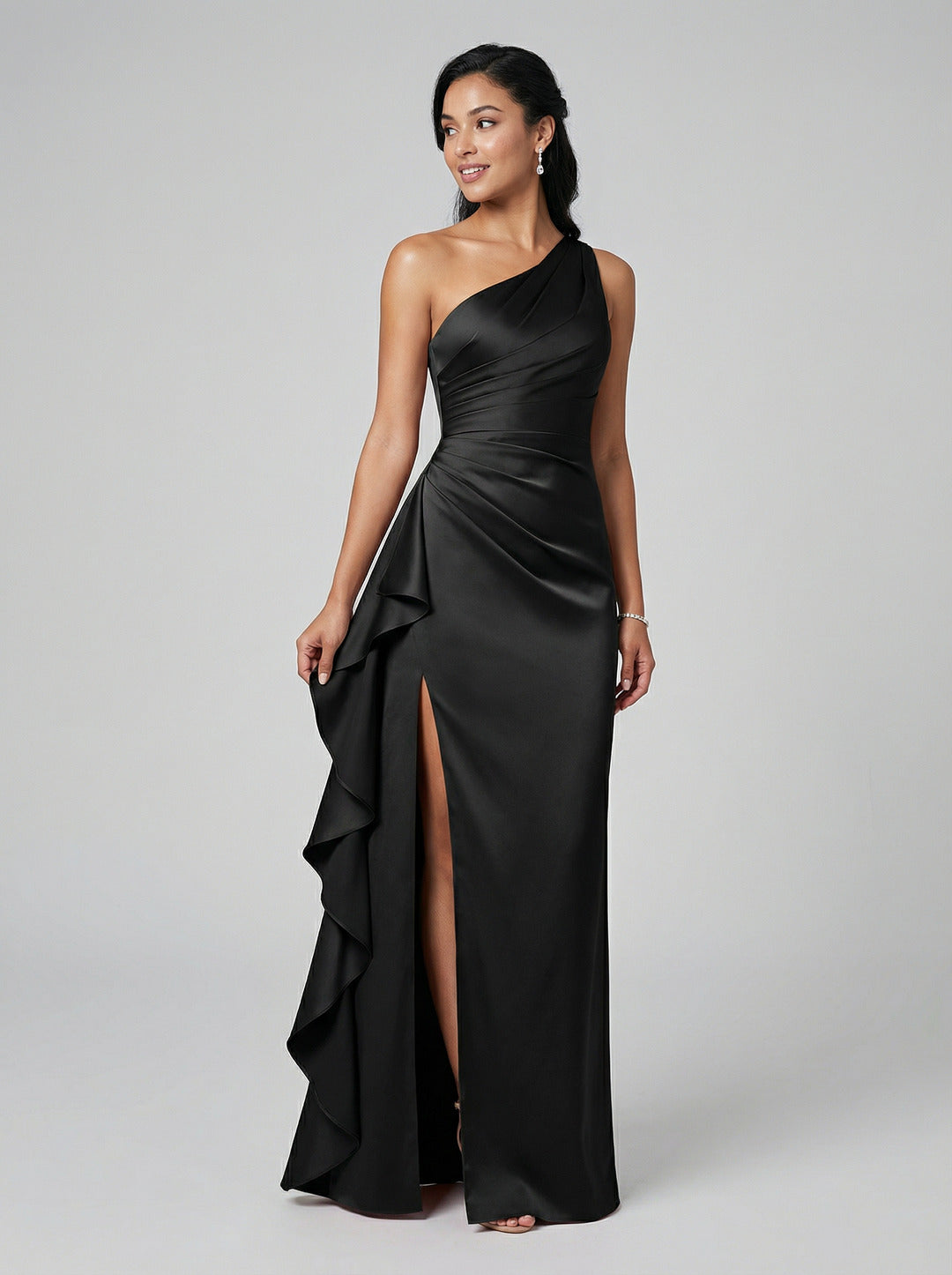 Elegant Black Satin Mermaid One Shoulder Back Zip with Ruffle Ankle-Length Bridesmaid Dress