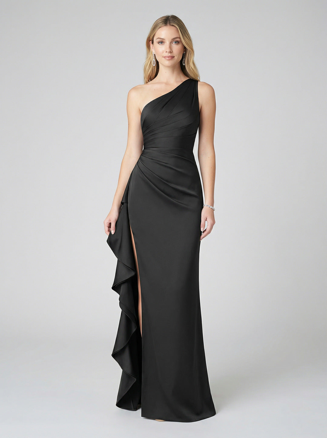 Elegant Black Satin Mermaid One Shoulder Back Zip with Ruffle Ankle-Length Bridesmaid Dress