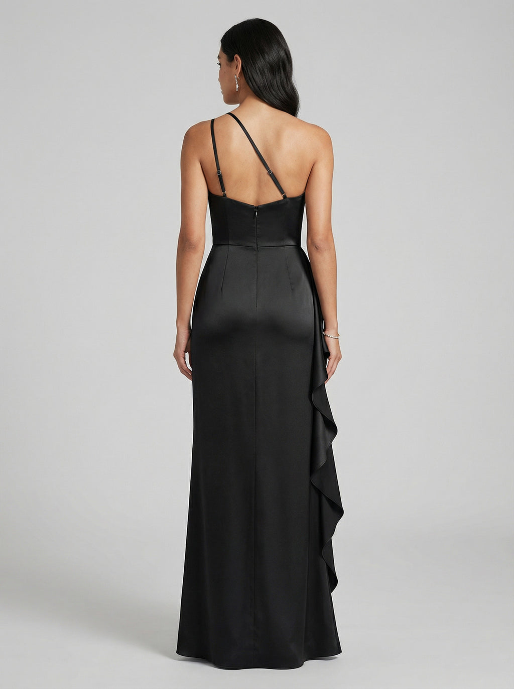Elegant Black Satin Mermaid One Shoulder Back Zip with Ruffle Ankle-Length Bridesmaid Dress