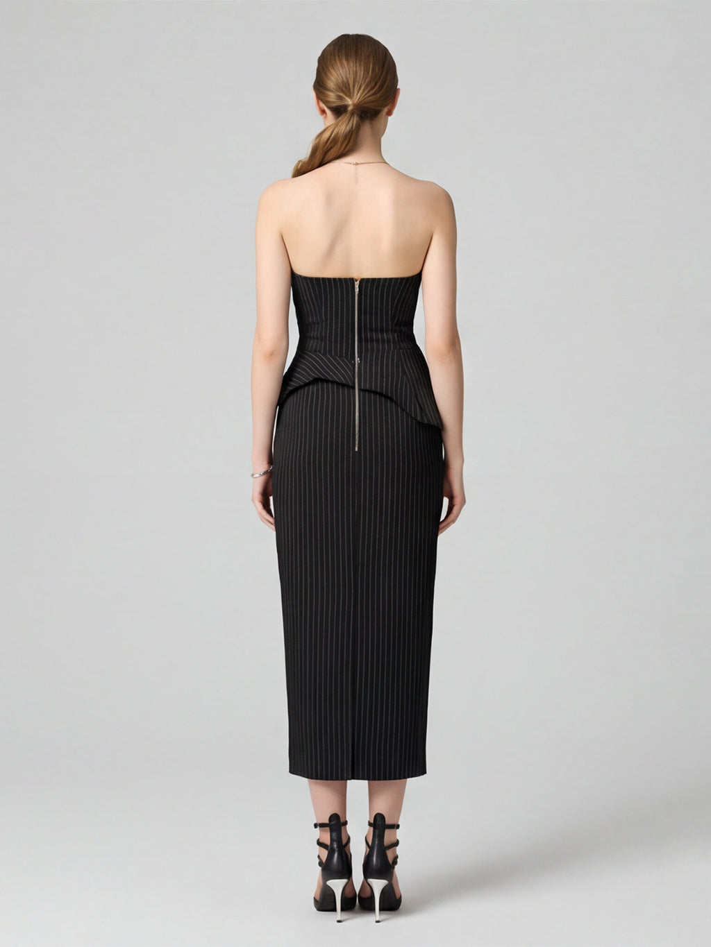 Elegant Black Stretch Crepe column Straight Neck Back Zip with Pleated Ankle-Length Bridesmaid Dress