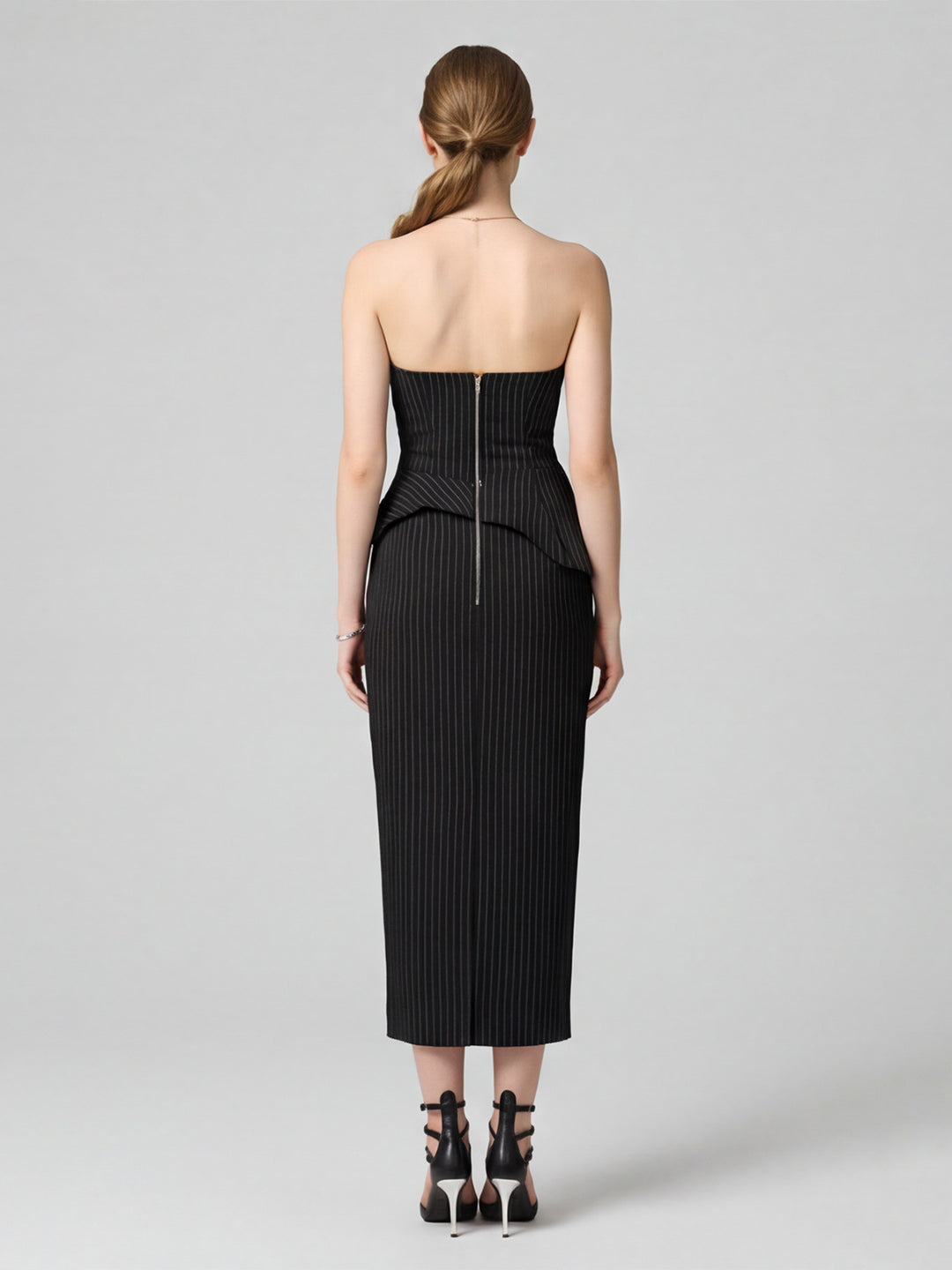 Elegant Black Stretch Crepe column Straight Neck Back Zip with Pleated Ankle-Length Bridesmaid Dress