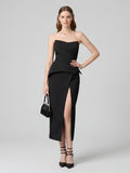 Elegant Black Stretch Crepe column Straight Neck Back Zip with Pleated Ankle-Length Bridesmaid Dress