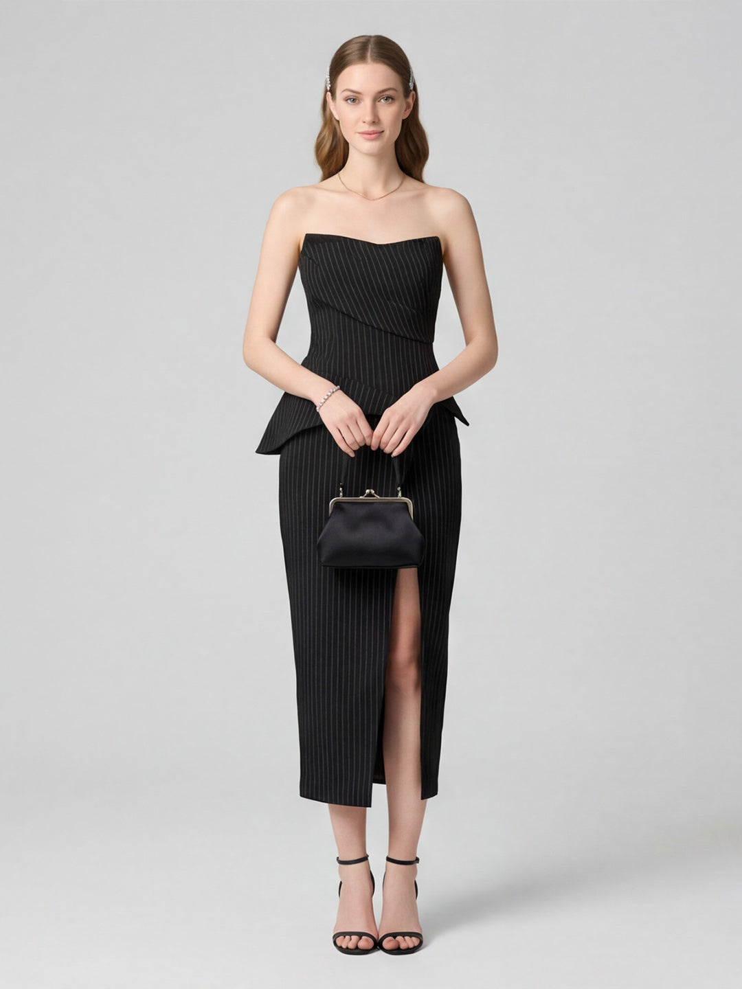 Elegant Black Stretch Crepe column Straight Neck Back Zip with Pleated Ankle-Length Bridesmaid Dress