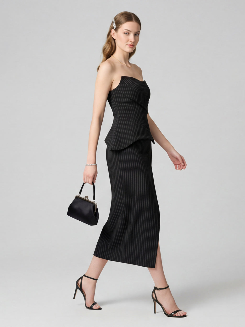 Elegant Black Stretch Crepe column Straight Neck Back Zip with Pleated Ankle-Length Bridesmaid Dress