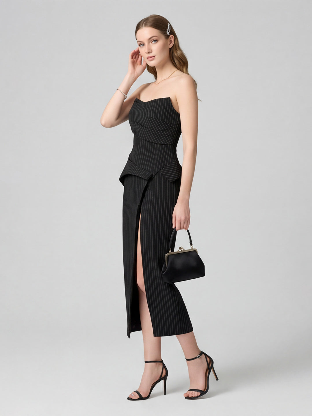 Elegant Black Stretch Crepe column Straight Neck Back Zip with Pleated Ankle-Length Bridesmaid Dress